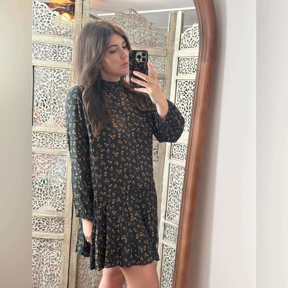 Zara Black Long Sleeve Dress with Floral Pattern